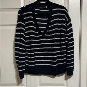 Polo by Ralph Lauren Navy and White Striped V-Neck linen Sweater